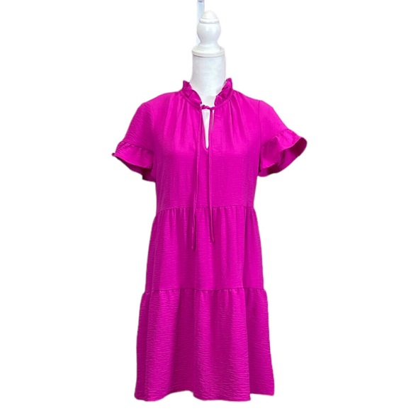 DKNY Women’s Tiered Tie Neck Fit & Flare Dress‎ Size 8 Fuchsia Color - Picture 1 of 7